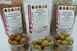 EL PARAÍSO DE LAS ESPECIAS Sabor Anchoa, Especias Aceitunas Sevillanas y Aceitunas con Pimentón - Pack Para Aliñar Aceitunas