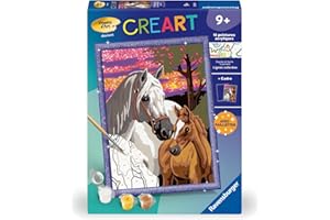 Ravensburger - CreArt Kids 18x24 cm - Numéro d'art - Chevaux au Coucher du Soleil - Kit de Peinture par numéros - avec Effet Scintillant - Dès 9 Ans - 25809