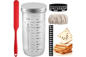 volumoon Kit de Inicio de Masa Madre, 730ml(24oz) Tarro Fermentación de Vidrio con Banda de Alimentación de Fechas, Termómetro, Cubierta de Tela, Raspador, Tapa, Frasco para Levadura para Pan