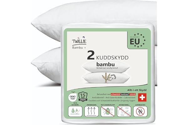 Twillie Kuddskydd 50x90 (2-pack) Bambus – Hög Kvalitet – Vattentätt, Zip & Anti-Akne – Förstärkt med Naturlig Bomull, Swiss Sanitized® Behandling Anti-Kvalster Antibakteriellt – Tillverkat i EU