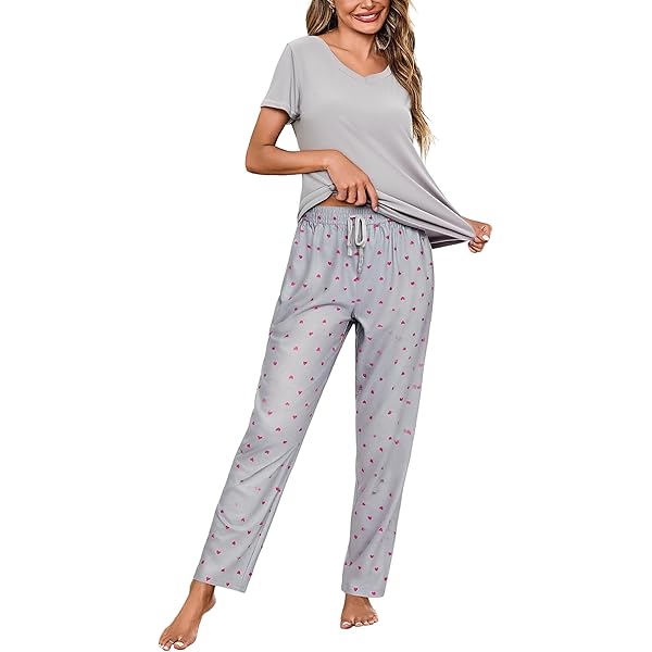 Heersan Katoenen pyjama voor dames, nachtkleding voor dames, 2-delige pyjamaset, loungewear sets voor vrouwen, UK homewear, top met lange mouwen en lange broek met 2 zakken, Grijs, M