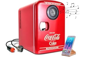 KOOLATRON Coca Cola Mini Frigo da Camera 4L Frigorifero Piccolo con altoparlante wireless Bluetooth integrato 6 Lattine Termoelettrico Portatile Raffreddatore e Scaldino per Auto Scrivania Bevande Casa (Rosso)