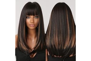 ALLBELL Lange schwarze Perücken für Frauen Shouler-Länge Schwarz gemischt Blonde mit Bangs Natürliche synthetische Perücke Haar Replacement Perücke für den täglichen Partygebrauch
