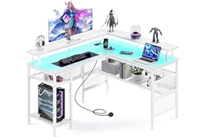 Yornoli L Shaped Gaming Desk with Led Lights＆Power Outlet, 140cm Corner Gaming Desk for Home Office Computer Desk with Monitor Stand & Storage Shelves, White