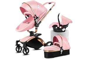 Doraystar 360° Rotación Cuero PU Carro Bebe 3 Piezas, Carrito Bebe 3 en 1 Plegable con Un Solo Clic, Cochecito Bebe 3 Piezas con Capazo Grande Cómodo, Carricoche Bebe 3 Piezas Alto Paisaje (906 Pink)