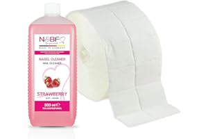 NAILS FACTORY N&BF Nagel Cleaner Set mit Duft 500ml + 1000 Zelletten Cellulose Pads (2 Rollen à 500 Stück) - 70% Isopropanol-Alkohol – für Gelnägel – Nagelreiniger – kosmetisch rein in Studioqualität (Erdbeer)