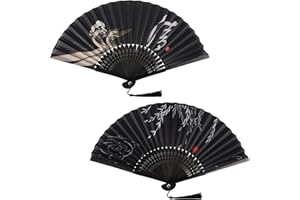 KEYIDO 2 Pcs Hand Fans for Women Folding Black Handheld Fan Chinese Fan Hand Held Fabric Japanese Manual Fans for Women Ladies Wall Decoration Wedding Dancing Cosplay