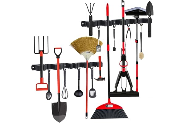 2 stycken kvasthållare vägg, 10 hållare + 8 krokar rostfritt stål verktygshållare, självhäftande trädgårdsredskap hållare och kvasthållare, svart väggfäste upphängning trädgårdsredskap för kvast
