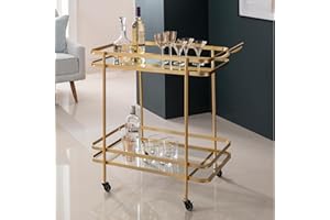 Homesdirect365 Gold Drinks Trolley - Art Deco Design With 2 Mirrored Shelves | Bar Cart on Wheels | Kitchen Serving Trolley | Small Metal Cart