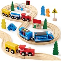 Circuit Train En Bois LiRiQi 33 Pièces - Compatible Thomas Et Brio, Ville Urbaine - Cadeau 3-7 Ans