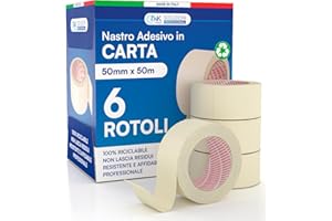 DNK TRADE Nastro di Carta - 6 Rotoli di Nastro da Imbianchini 50mm x 50m - Carta Gommata Professionale 50x50 Riciclabile per Mascheratura Pittura e Imbiancatura