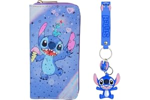 BOYIGOG Stitch Geldbörse mit Stitch Schlüsselbund Set Cartoon Geldbörsen PU Geldbörse Lange Stitch Geldbörsen und Schlüsselanhänger Stitch Geschenke