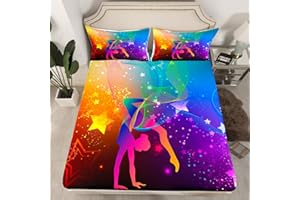 MANFEI Gymnastics Fitted Sheet Single Size, Modern Art Sports Bed Cover with 1 Pillowcase, Colorful Stars Print Bedding Set 2pcs for Kids Boys Girls Room Decor, Soft Polyester Bedding