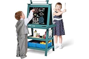 GOPLUS 3 in 1 Standtafel für Kinder, Magnetisches Whiteboard & Kreidetafel, Doppelseitiger Staffelei mit Aufbewahrungsbox, Maltafel, Schreibtafel, Kindertafel Ink. Malpapier und Magneten (Blau)
