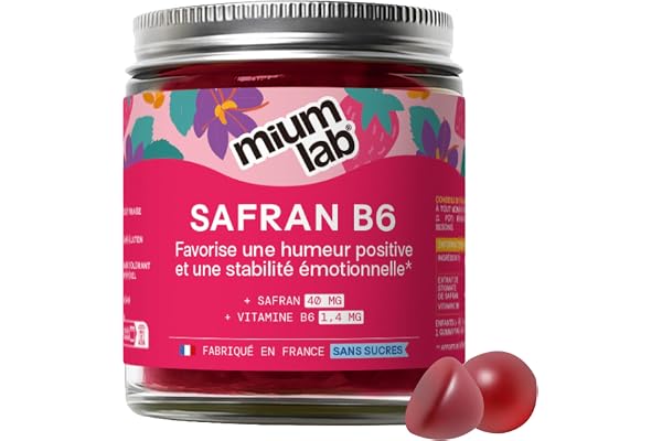 Mium Lab - Gummies Safran Hautement dosé (40mg) et Vit B6 sans sucres - Enfants et Adultes - Formule exclusive - Programme 3 à 6 semaines - Saveur Fraise - Fabriqué en France