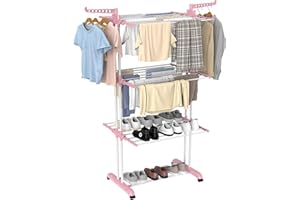 Innotic Wäscheständer, 4-Ebenen-Design, faltbar, mit Rädern, großes Fassungsvermögen, XXL, Edelstahl, robust, 172 cm, Rosa + Weiß