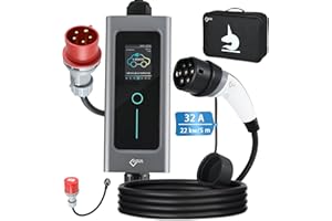 EVIEUN Chargeur Voiture Electrique 22kW 5M, 32A Triphasé Chargeur EV Type 2 pour Tous Les Véhicules Electriques et Hybrides, IEC 62196-2, avec Prise CEE et Schuko Adaptateur, Courant Commuté