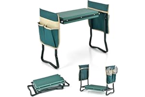 SOARS Banco de Jardín Plegable con Bolsillos para Herramientas y Rodilleras, Taburete de Jardín hasta 150 kg, Rodilleras para Jardinería, 58 x 27,5 x 50 cm (con 2 Bolsa de Herramientas)
