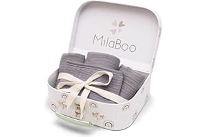MilaBoo® Juego de regalo de muselina para recién nacidos, 100% algodón orgánico, certificado GOTS, paños para vómitos para bebé con maletín de juego FSC