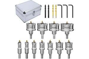 MOLLOM 11 seghe (16-64mm) Kit di seghe a tazza in carburo TCT per metalli duri. 4 punte pilota extra per acciaio inossidabile, ferro, alluminio, leghe e altri metalli