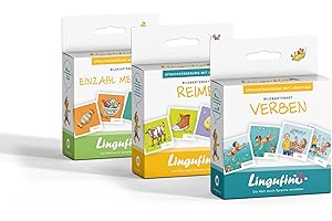 DIALOG TOYS Bildkarten zur Sprachförderung mit Lingufino - Bildkarten Set Bundle Reime, Verben, Einzahl Mehrzahl inkl. Begleitheft und 30 liebevoll illustrierten Bildkarten