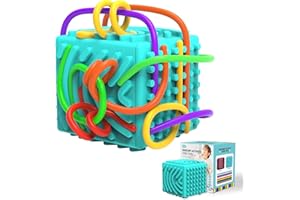 Luckynono 10 Silicone Strings Sensory Board Toy for Kids Adults, Sensory activity cube toys, Fine Motor Skills and Hand-Eye Coordination (Cube blue)