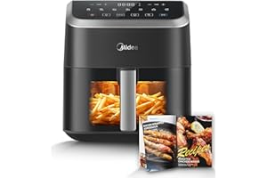 ‎MIDEA Midea Heißluftfritteuse 5L Fassungsvermögen, HeatXpress Technologie 90% weniger Öl, Energie- und Zeitersparnis mit 7 Voreinstellungen, Easy-View Fenster & Licht, Antihaft, Schwarz