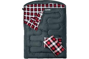 POEPORE Sacco a Pelo Matrimoniale in Flanella per Adulti 0℃ 3-4 Stagioni Sacci a Pelo 2 Persone Portatile con 2 Pillow e un Sacco a Compressione Campeggio Trekking Escursioni 233 x 157 cm