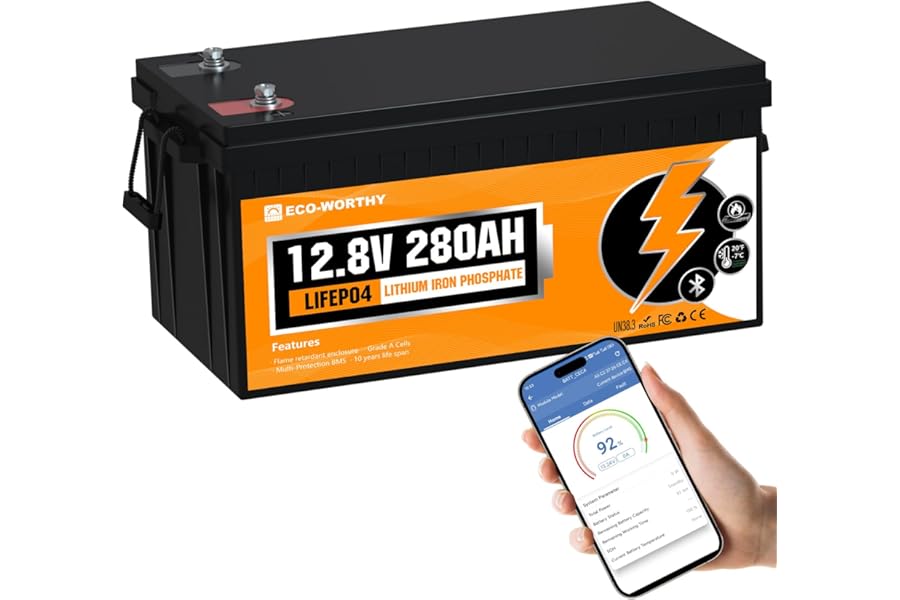ECO-WORTHY 12V 280AH LiFePO4 Battery,3584Wh Energy with Bluetooth and Low-Temp Protection,Built-in 200A BMS,for Motorhome,Marine,Home Backup,Off-Grid Solar