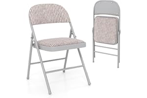 COSTWAY 1/2/4 Pack Padded Folding Chair, Easy Storage Conference Chair with Sponge Seat, Backrest & Foot Pads, Metal Frame Hall Guest Seating for Home Office (Beige, Linen Fabric, Mid Back, 1 Pcs)