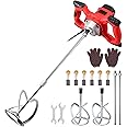 JUSTOOL 2100W Portable Cement Mixer Concrete Mixer Electric Paddle Mixer Handheld Plaster Multi Mixer 6 Speed ​​Mortar Paddle Mixer with 2PCS M14 Steel Spiral Rod for Mixing Plaster Mortar Paint Glue