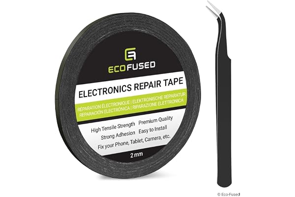 Eco-Fused Ruban adhésif Autocollant pour Une Utilisation dans la réparation de téléphone cellulaire - Ruban de 2mm - incluant 1 Paire de Pinces/Chiffon de Nettoyage en Microfibre (Noir)