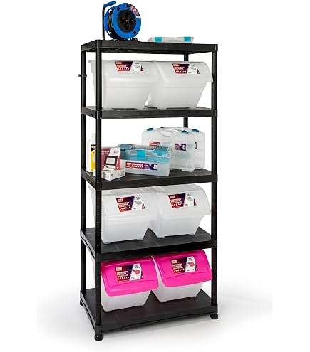 Étagère De Rangement Plastique 5 Niveaux 185x100x40 Cm - Charge Max 350 Kg - Pour Cave, Atelier, Garage - Gris/noir