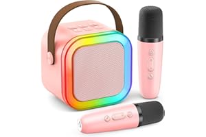 ALVAR Karaoke Machine for Kids Adults, Mini Portable Bluetooth Speaker with 2 Wireless Microphones, Machines Karaoke with Voice Changing Effects & LED Lights, Best Gifts Toys for Girls and Boys (Light Pink)