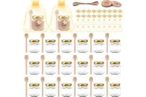 NAEBRO 20 Tarros de Cristal Pequeños para Miel 45ML Tarros de Vidrio Hexagonales con Tapa y Cuchara de Madera, Bolsita Adornos Abeja Yute Tarjeta, Mini Tarros para Boda Regalos Invitados, Baby Shower