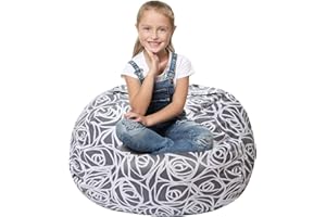 5 STARS UNITED Kids Bean Bag - COVER ONLY - Stuffed Animal Storage - Beanbag Chairs for Kids - 90+ Teddy Plush Toys Holder and Organiser for Boys and Girls - 100% Cotton Canvas - Grey Roses