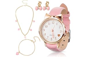 Herdear 4 Pcs Children's Watch and Silver Plated Jewellery Set Include Watch with Leather Strap, Necklace, 1 Pair Earrings and Bracelet for Kids Girls Birthday Gifts