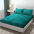 D IMPORTS Velvet Warm Winter Solid Flannel Elastic Fitted Bedsheets for Double Bed King Size 90x100 inches with 2 Pillow Covers | Double Bed Warm Bedsheet with Elastic (Sea Green)