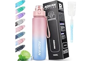 AOHAN Bouteille d'eau 1l, Gourde Sport Tritan Sans BPA, Motivation Bouteille d'eau de Sport avec Marquages de Temps, Gourde 1l Résistant aux Fuites Pour le Sport, la Randonnée, l'école