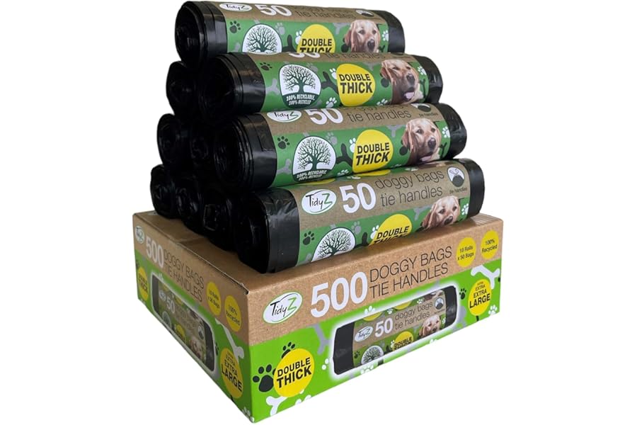 500 TidyZ Dog Poo Bags. Made from 100% Recycled Plastic. Extra Strong, 30 × 36 cm Extra Large Pet Waste Bags. Tie Handles. On a Roll. Unscented. Leakproof. 10 rolls of 50