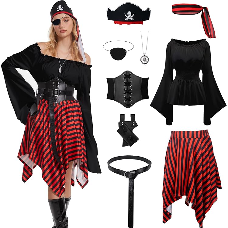 W WIDMANN MILANO Piratin Kostüm – Inkl. Kleid, Gürtel & Kopftuch, Größe M, Für Mottoparty & Karneval