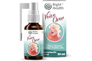 RIGHT HEALTH VOICE OVER: Spray Voz y Garganta. Para cantantes, faringitis, garganta cansada, afonia, bienestar de las cuerdas vocales. 30 ml con Erisimo, Equinácea, Propóleo y Cajeput Sin gluten, sabor limón