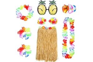 MISS-SHOP Gonna Ragazza Hawaiana,Hawaiano Gonna Erba di Hula Erba Set 8 PCS Hawaiano Vestito Gonna con Collana Braccialetti Fascia Fiore Reggiseno Capelli Clip e Ananas Occhiali da Sole Decorazione di Festa