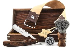 HARYALI LONDON Espectacular Caja de Madera de Salón de Babero de Colección Clásica Ensamblada a Mano, Navaja de Afeitado con Mango de Madera de Corte Recto, Cepillo de Afeitado de Pelo de Tejón Negro, Cuero de Navajas de Cuero de Vaca Tostado Natural & Pasta de Afe