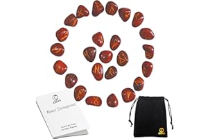 ESOAS RUNES DIVINATOIRES VIKING Jaspe Rouge, Set x25 Pierres Polies Semi Précieuses Gravées Avec Sac. Idéal Pour Divination, Voyance et Magie. Alphabet Runique Futhark, Oracle de la Mythologie Nordique