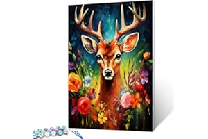 Tucocoo Deer Close-up Paint by Number for Adults Beginner, DIY Oil Painting Kits on Canvas with Brushes and Acrylic Pigment, Abstract Flowers Cute Animal Picture for Home Decor 16x20 inch (Frameless)