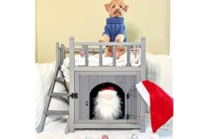 Aivituvin Wooden Outdoor Cat House Indoor Lockable Wire Door Cat House with Side Stairs Balcony Convenient and Free 69.5Lx48.5Wx65.5Hcm