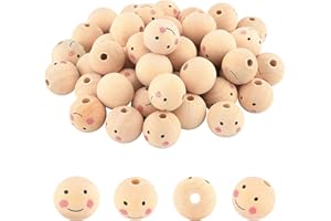 PH PandaHall Perline in Legno Faccia 50pz, Perline Larghe in Legno Naturale 25 mm, Rotonde, con Faccina Sorridente per La Testa di Bambola, Portachiavi,Angelo,Natale Artigianato e Gioielli,Foro Grande