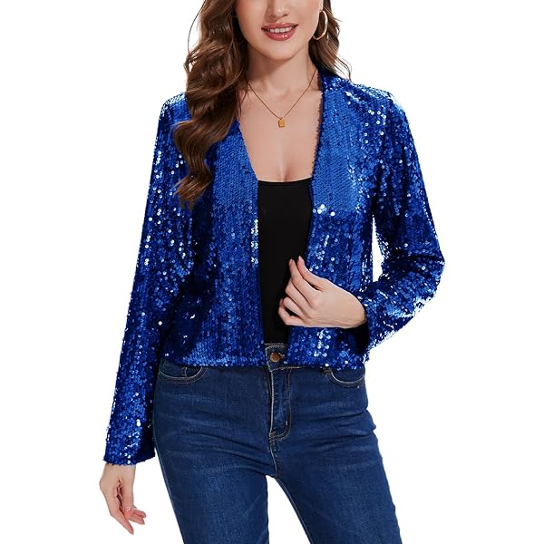 Women's Sequins Glitter Sparkling Jacket Open Front Retro Aviator