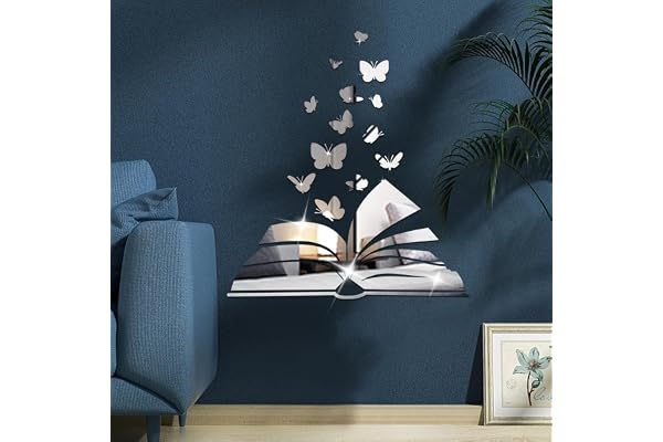Shackcom 15pcs Miroir Stickers Muraux Miroirs Décoratif Acrylique Adhésif Autocollant Mural Amovible DIY Décoration pour Maison Chambre Salon Décor- Papillon Livre Argent